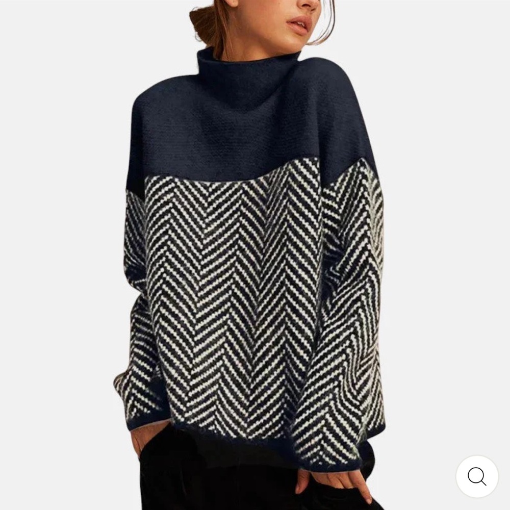Navy and White Turtleneck Sweater